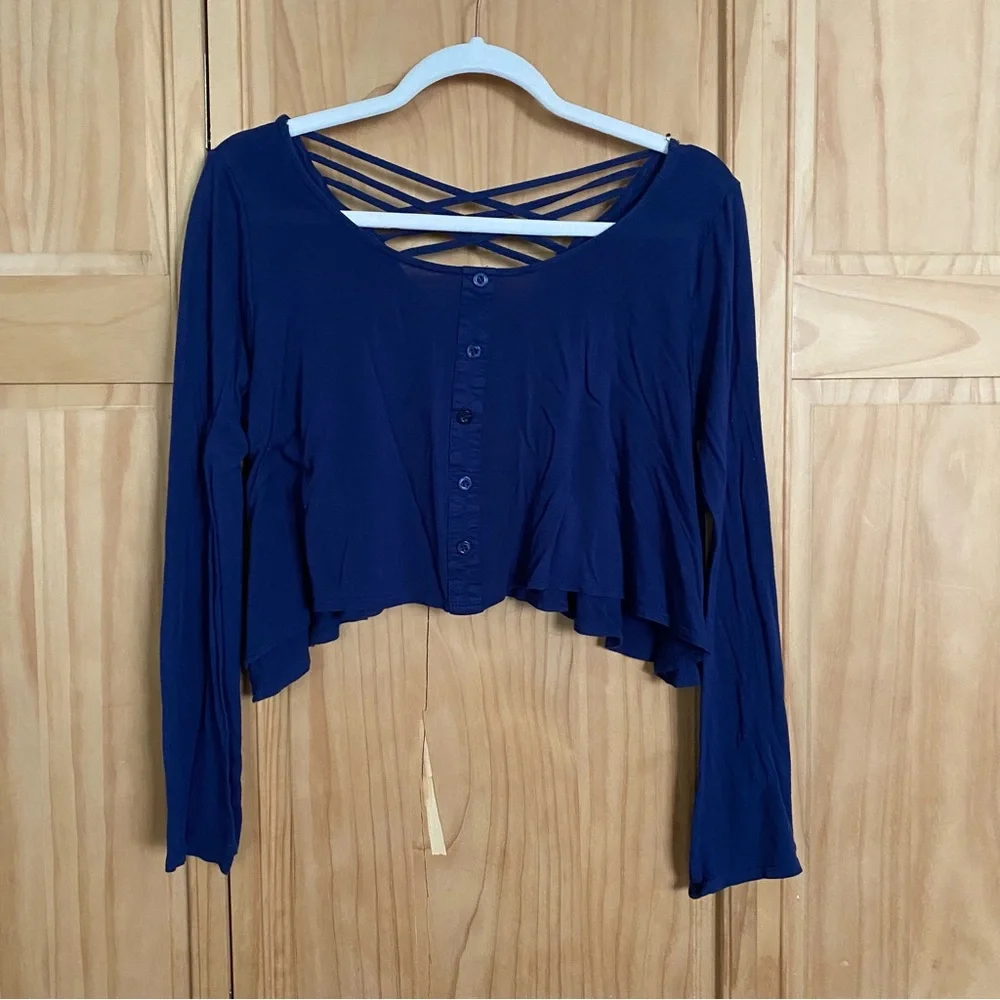 Anthropologie Navy Blue Button-Front Long-Sleeve Crop Top